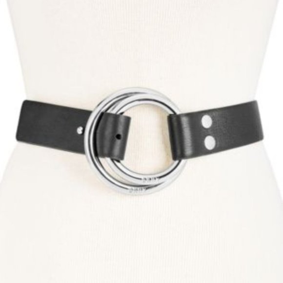 Dkny Double-Ring Pull-Back Leather Belt Black Silver, Various Sizes